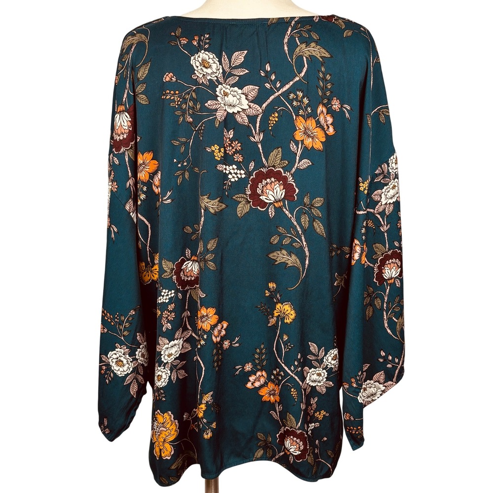 Maurices Floral Bell Sleeve Blouse Teal Tie Neck Button Front Women's‎ 2 - Picture 2 of 13